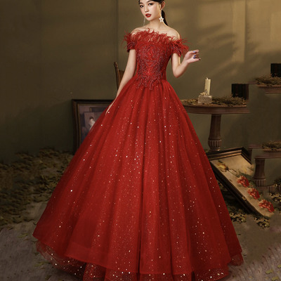 Red tulle sequins long ball gown dress a line evening dress - Thumbnail 1
