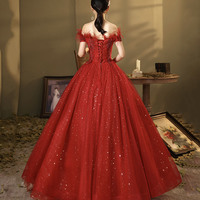 Red tulle sequins long ball gown dress A line evening dress - Thumbnail 3