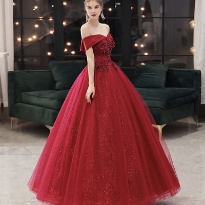 Burgundy tulle lace long prom dress a line evening gown - Thumbnail 1