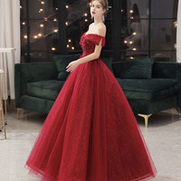 Burgundy tulle lace long prom dress A line evening gown - Thumbnail 1