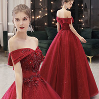 Burgundy tulle lace long prom dress A line evening gown - Thumbnail 2