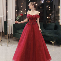 Burgundy tulle lace long prom dress A line evening gown - Thumbnail 3