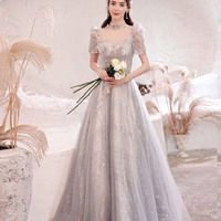 Gray tulle sequins long ball gown dress formal dress - Thumbnail 2