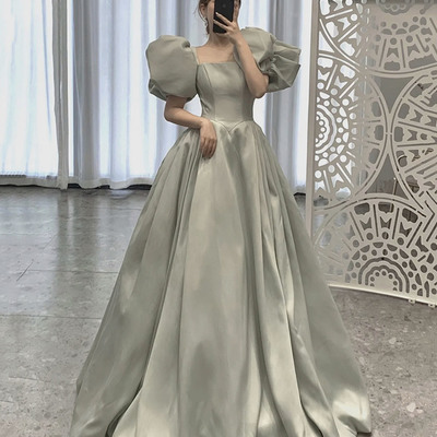Cute satin long ball gown dress a line formal dress - Thumbnail 1