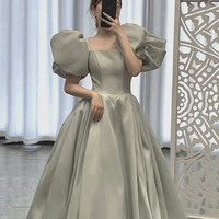 Cute satin long ball gown dress A line formal dress - Thumbnail 2