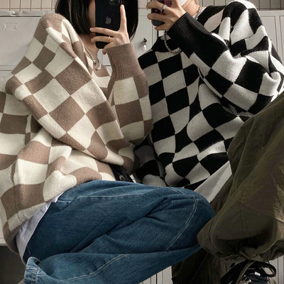 Checkerboard jumper knit sweater
