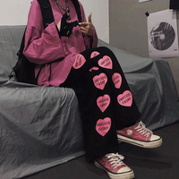 Pink Heart Print High Waist Straight Leg Trousers - Thumbnail 1