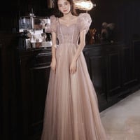 Pink tulle beads long prom dress A line evening dress - Thumbnail 1