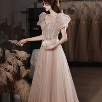 Pink tulle beads long prom dress A line evening dress - Thumbnail 2
