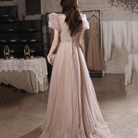 Pink tulle beads long prom dress A line evening dress - Thumbnail 3