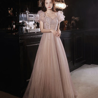 Pink tulle beads long prom dress A line evening dress - Thumbnail 4