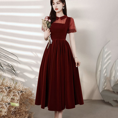 Burgundy velvet short prom dress homecoming dress - Thumbnail 2