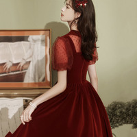 Burgundy velvet short prom dress homecoming dress - Thumbnail 4