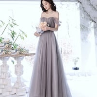 Cute tulle beads long prom dress A line evening gown - Thumbnail 1