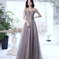 Cute tulle beads long prom dress A line evening gown - Thumbnail 2