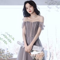 Cute tulle beads long prom dress A line evening gown - Thumbnail 4