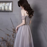 Cute tulle beads long prom dress A line evening gown - Thumbnail 7
