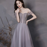 Cute tulle beads long prom dress A line evening gown - Thumbnail 6