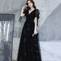 Black v neck tulle long prom dress A line evening dress - Thumbnail 1