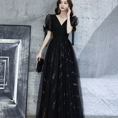 Black v neck tulle long prom dress a line evening dress - Thumbnail 4