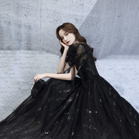 Black v neck tulle long prom dress A line evening dress - Thumbnail 3