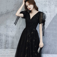 Black v neck tulle long prom dress A line evening dress - Thumbnail 4