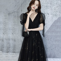 Black v neck tulle long prom dress A line evening dress - Thumbnail 5