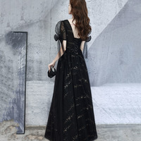 Black v neck tulle long prom dress A line evening dress - Thumbnail 6
