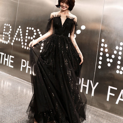 Black tulle long prom dress a line evening dress