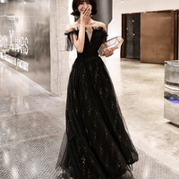 Black tulle long prom dress A line evening dress - Thumbnail 1