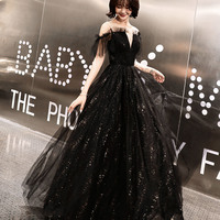 Black tulle long prom dress A line evening dress - Thumbnail 2