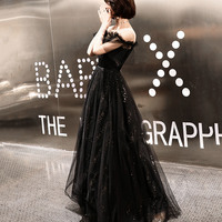 Black tulle long prom dress A line evening dress - Thumbnail 3