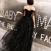 Black tulle long prom dress A line evening dress - Thumbnail 4
