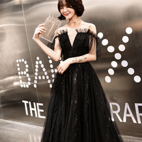 Black tulle long prom dress A line evening dress - Thumbnail 5