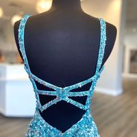Sparkly Mermaid V Neck Straps Teals Sequins Prom Dress with Cross Back - Thumbnail 1