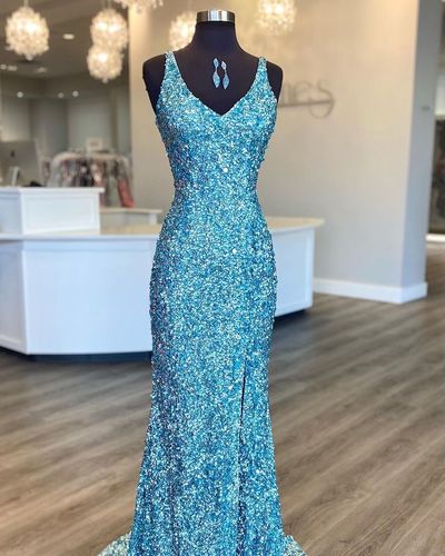 Sparkly Mermaid V Neck Straps Teals Sequins Prom Dress with Cross Back