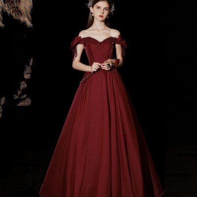 Burgundy satin long prom dress a line evening dress - Thumbnail 3