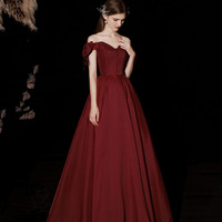 Burgundy satin long prom dress A line evening dress - Thumbnail 1