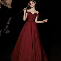 Burgundy satin long prom dress A line evening dress - Thumbnail 2