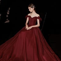 Burgundy satin long prom dress A line evening dress - Thumbnail 3