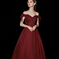 Burgundy satin long prom dress A line evening dress - Thumbnail 4