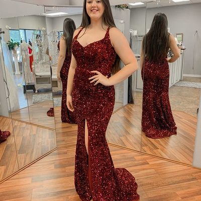 Sparkly mermaid v neck burgundy sequins long prom dress with slit - Thumbnail 1
