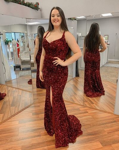 Sparkly Mermaid V Neck Burgundy Sequins Long Prom Dress with Slit