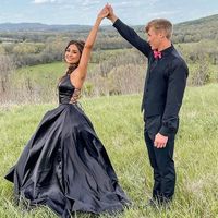 Simple A-Line V Neck Black Satin Long Prom Dresses with Cross Back Evening Dresses - Thumbnail 2