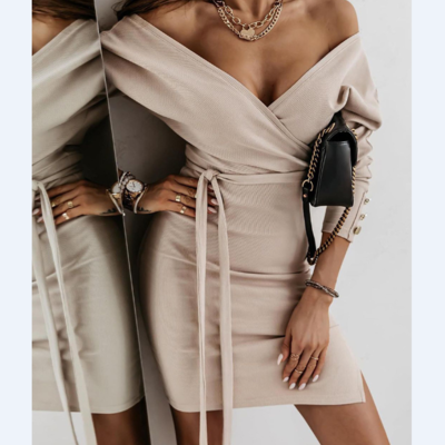 Fashion sexy v-neck split skinny long sleeve dress