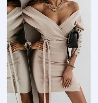 Fashion Sexy V-Neck Split Skinny Long Sleeve Dress