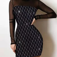 Women Slim Pack Hip Lace Splicing Black Dress - Thumbnail 1