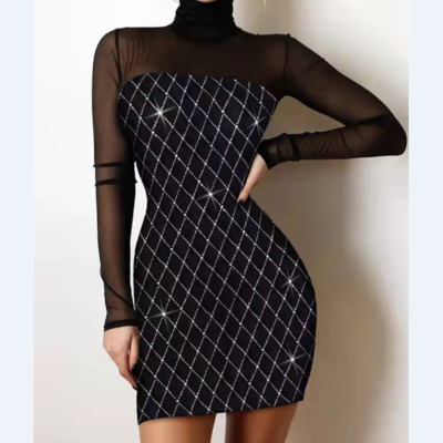 Women slim pack hip lace splicing black dress