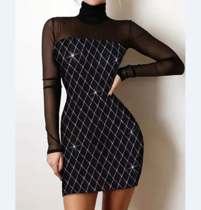 Women Slim Pack Hip Lace Splicing Black Dress