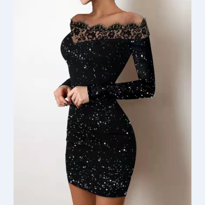 Sexy slim one word shoulder bag hip black dress